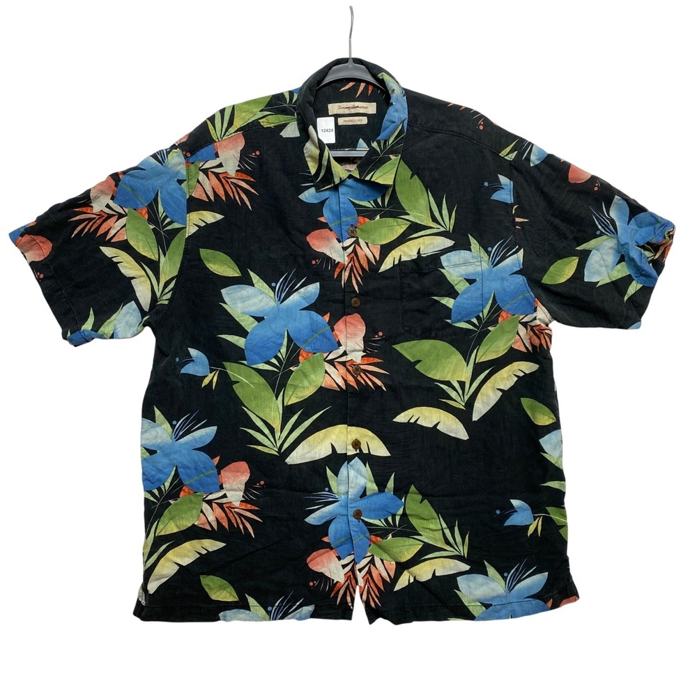 Tommy Bahama Shirt Mens XL Black Original Fit Tropical Floral Button Up
